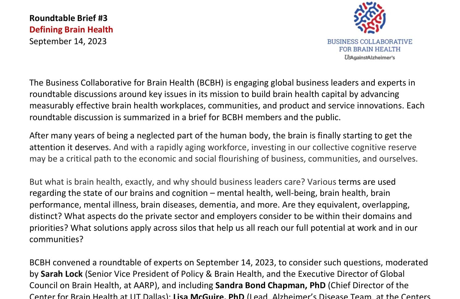 Opening page of the Business Collaborative for Brain Health Roundtable Brief #3, Defining Brain Health, 14 September 2023, naming Krystal Sexton among the participants